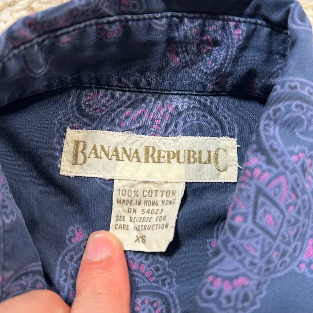 Vintage Banana Republic Paisley Button Down Shirt XS Blue Long Sleeve Cotton 80s